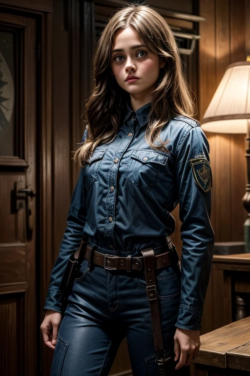 Ella Purnell, personagem Lucy (Ella Purnell cabelo com rabo de cavalo franja cortina) a young soldier in blue clothes from the Brotherhood of Steel paramilitary faction ; e The Ghoul (Walton Goggins),