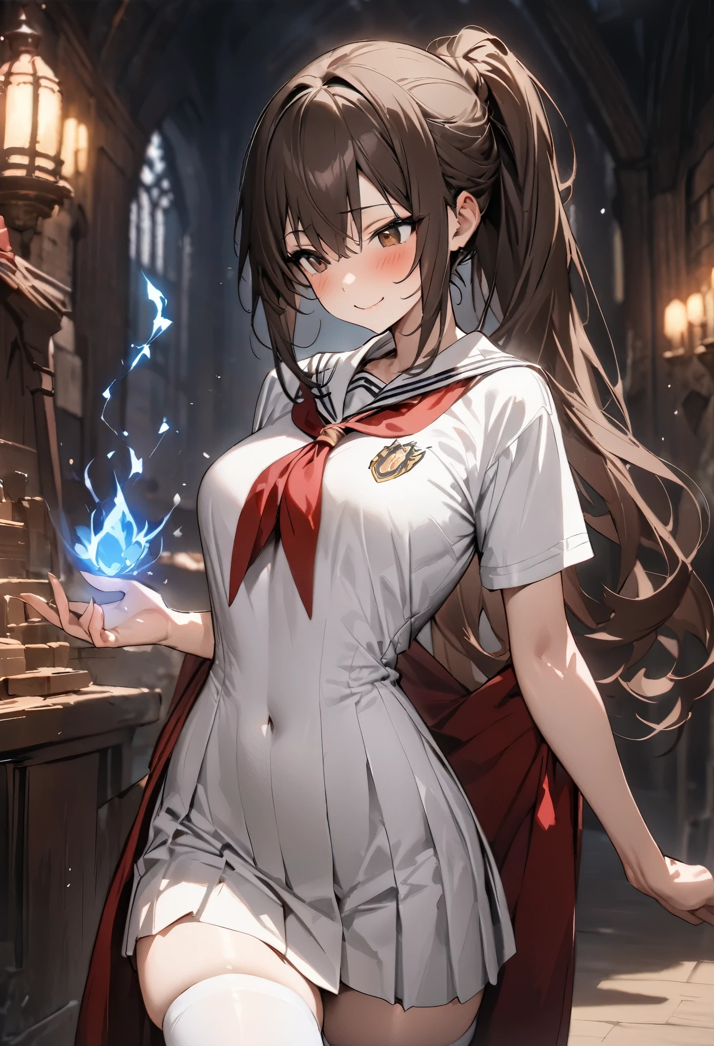 Fantasy art、Woman using magic、(((masterpiece, highest quality:1.5))),cowboy shot,20 year old beauty,solo,((very small head)),dark brown hair,ponytail hairstyle,long hair,bangs,brown eyes,blush,smile,medium breasts,(very long body),slender body,skinny,gleaming skin,oily skin,White sailor suit、Short sleeve、Red neckerchief、Pleated red mini skirt、white_thighhighs、Academy、Harry Potter World、