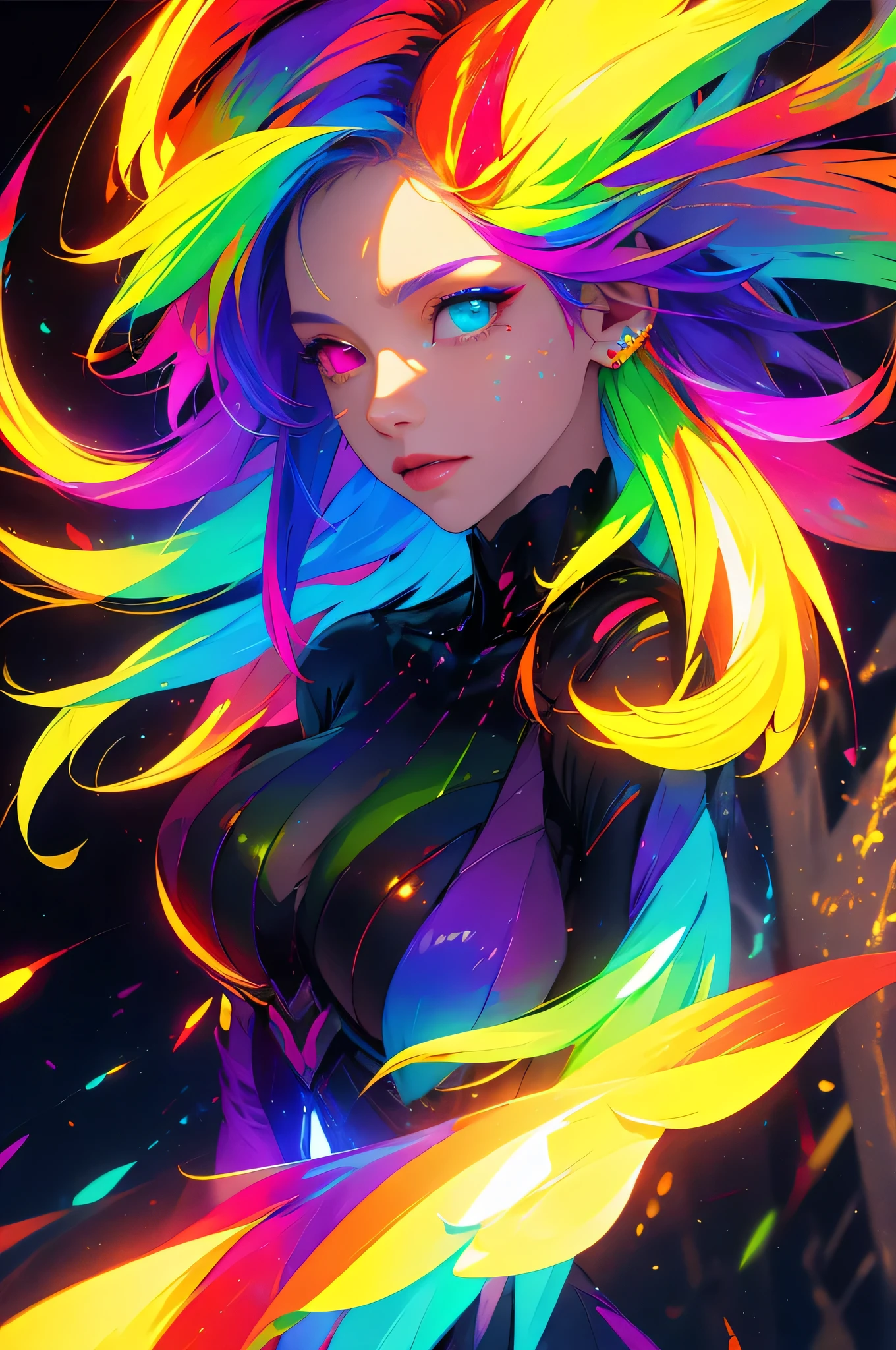{{masterpiece}}, best quality, cinematic lighting, lens flare, medium breasts, beautiful detail eyes,  multicolor hair, colorful light particles, heterochromia, (colorful:1.5), (colorful hair:1.5),full body.