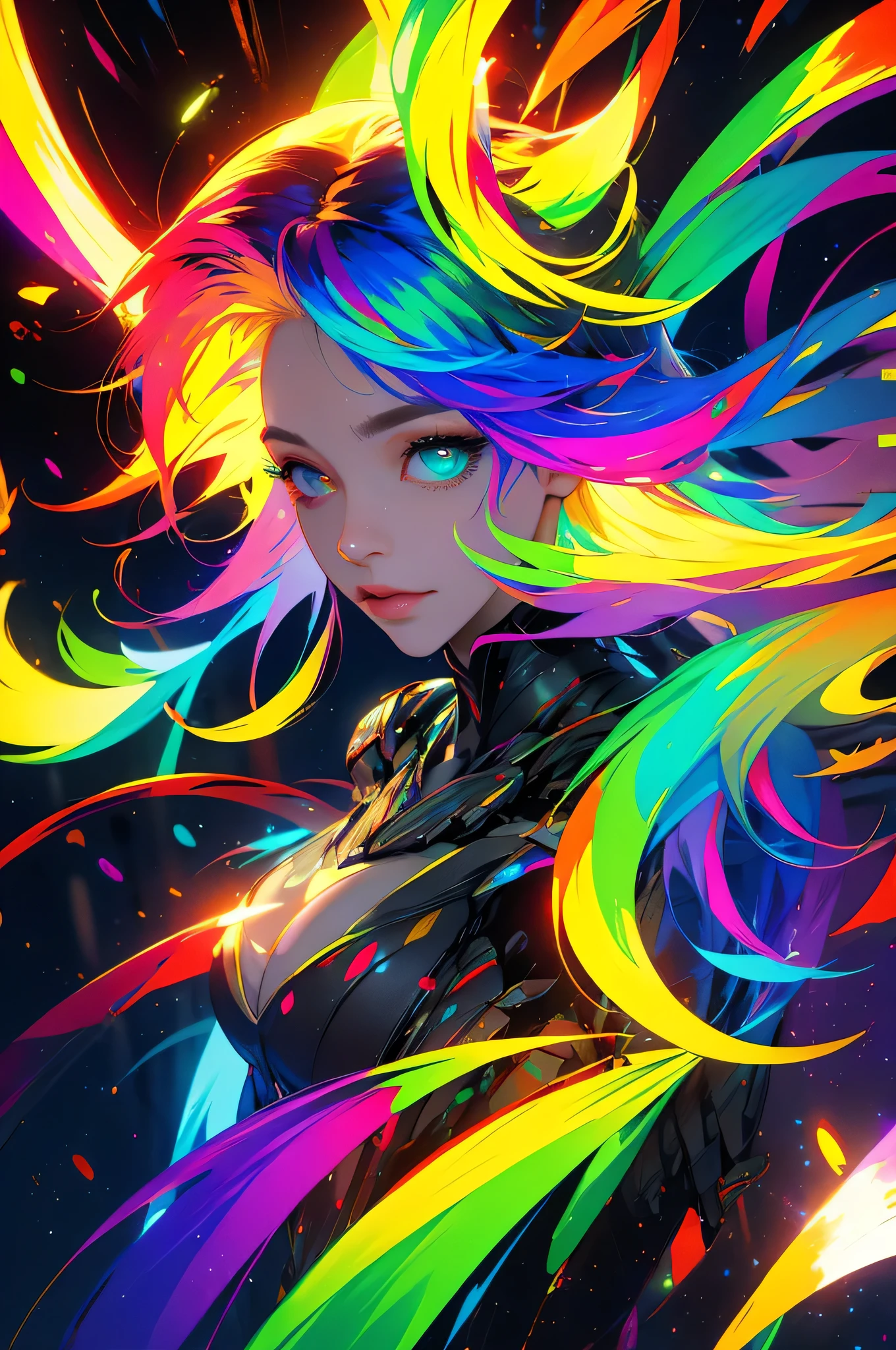 {{masterpiece}}, best quality, cinematic lighting, lens flare, medium breasts, beautiful detail eyes,  multicolor hair, colorful light particles, heterochromia, (colorful:1.5), (colorful hair:1.5),full body.