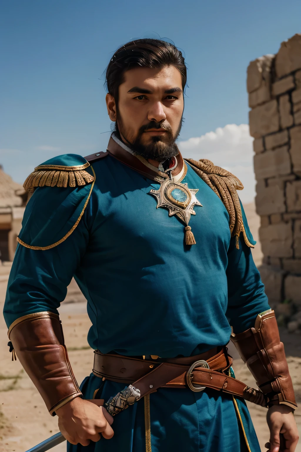 Draw a picture of Amir Temur. He was a captain. He was a man with wide shoulders and energetic. with a short beard, he also had a sword in his hand