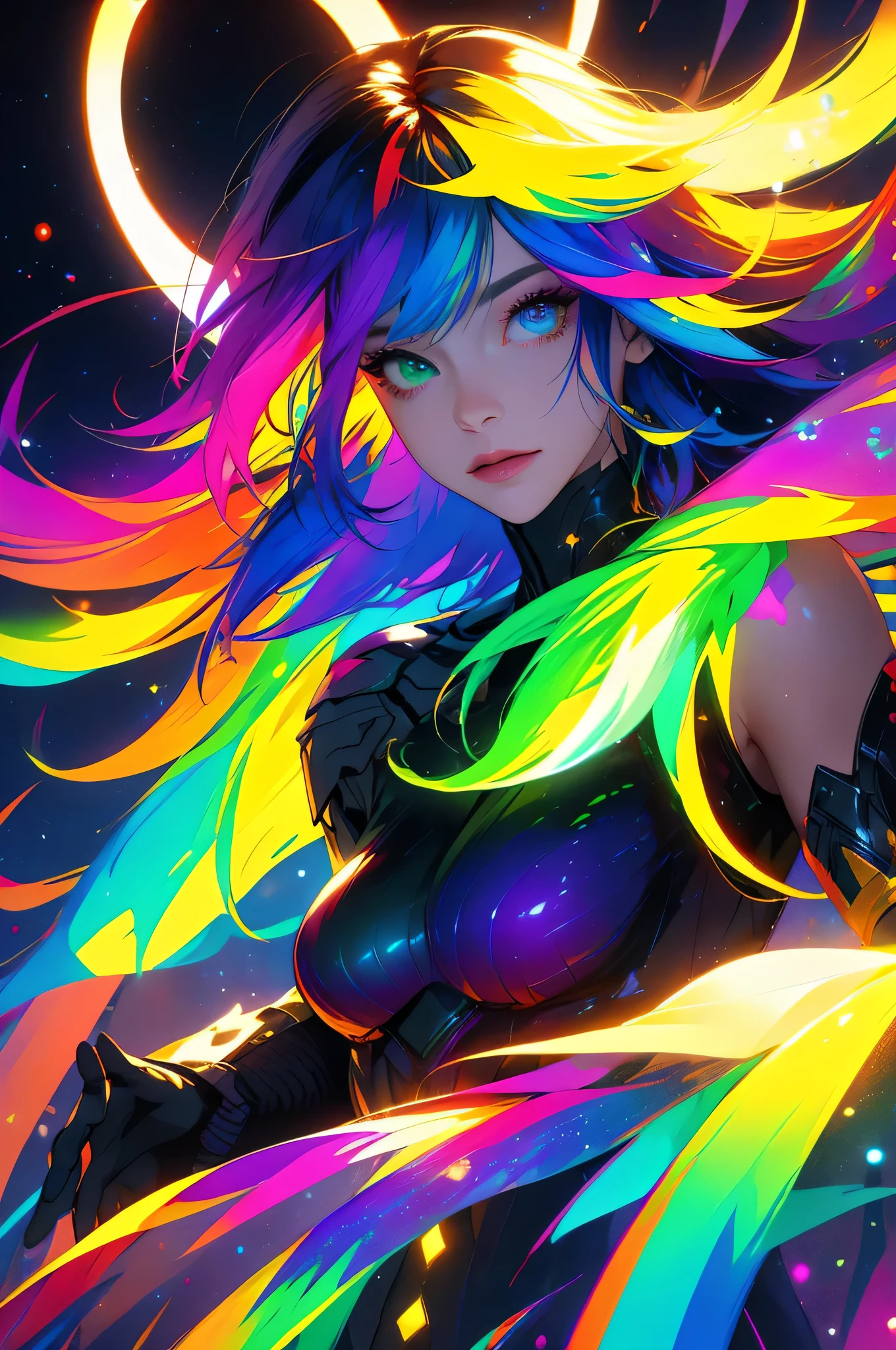{{masterpiece}}, best quality, cinematic lighting, lens flare, medium breasts, beautiful detail eyes, multicolor hair, colorful light particles, heterochromia, (colorful:1.5), (colorful hair:1.5),full body.