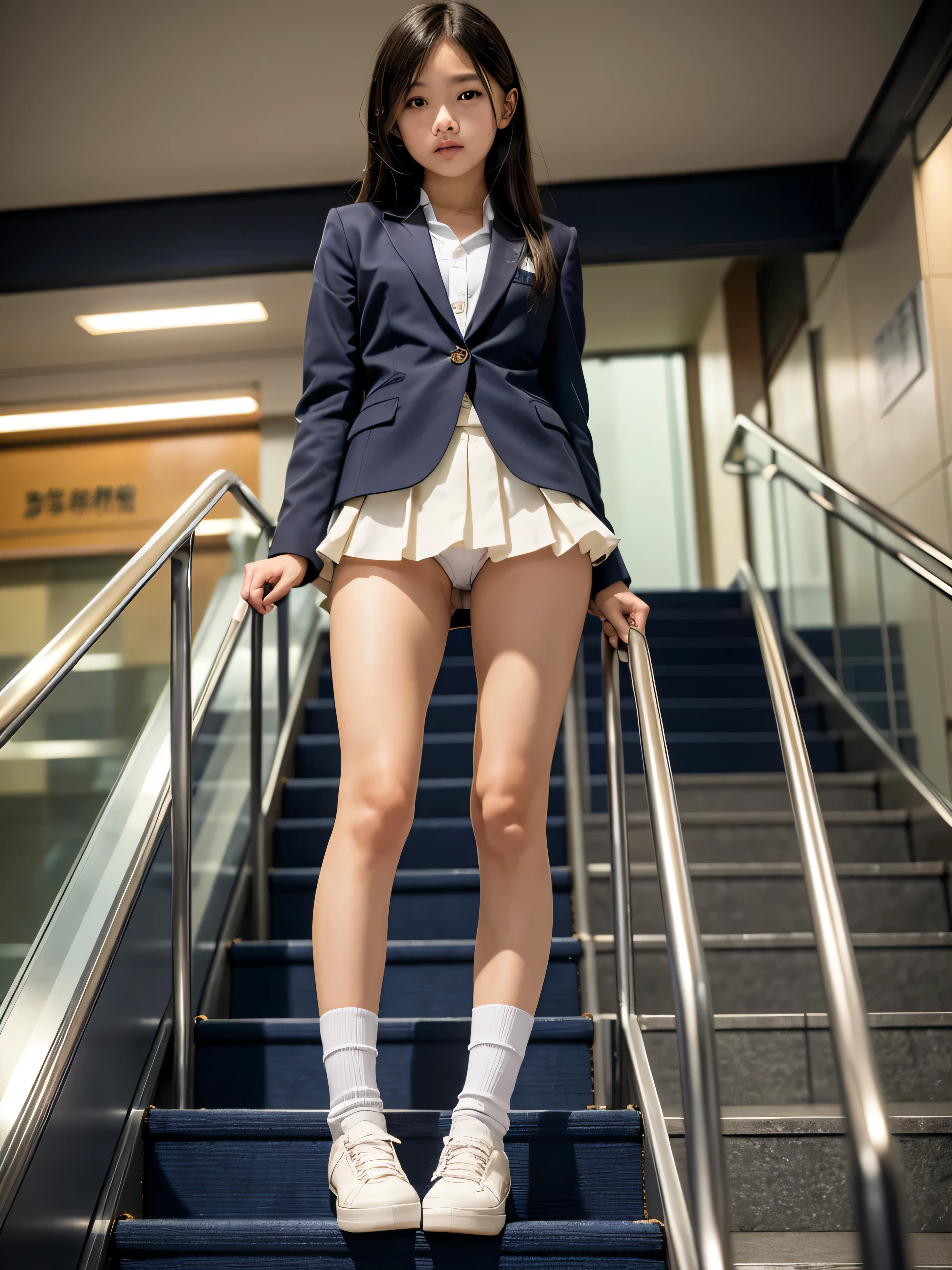 ((highest quality)), ((masterpiece)), (Familiar),  12 year old girl,A female junior high school student riding an escalator on her way to school、Glare、Navy Blazer、Shorts、Leather shoes、Very short socks、Photo secrets、(A true view from below)、White socks close-up、Manga panel layout、manga style、manga、Station Escalator、Frames showing only the face and the back,(From below:0.1),(Black satin string bikini is visible:0.8)