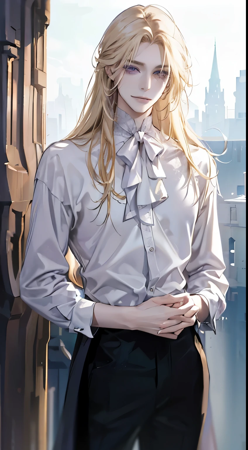 A young and handsome man,Long straight blond hair,White shirt,Black trousers,Tall and slender,Smile,grace,Bow your head,Hands together,European style streetA young and handsome man,Long straight blond hair,White shirt,Black trousers,Tall and slender,Smile,grace,Bow your head,European style streetblonde hair, asymmetrical hair, hair behind ear, long hair, straight hair, widow's peak, purple eyes, longeyelashes, smile, A handsome man, A young man, A handsome young man, Tall figure, slim, Long legs, Bow your head, White shirt, Thin white shirt,Noble, elegant, Temperamental, anime style, cinematic lighting, depth of field, UHD, masterpiece, textured skin, super detail, 16k,Soft Light,Long loose hair,Hands together,European background,European style street,Soft Light,Tuck your shirt into your pants,Golden hair,Extra long blond hair,Lace collar,Lace sleeves