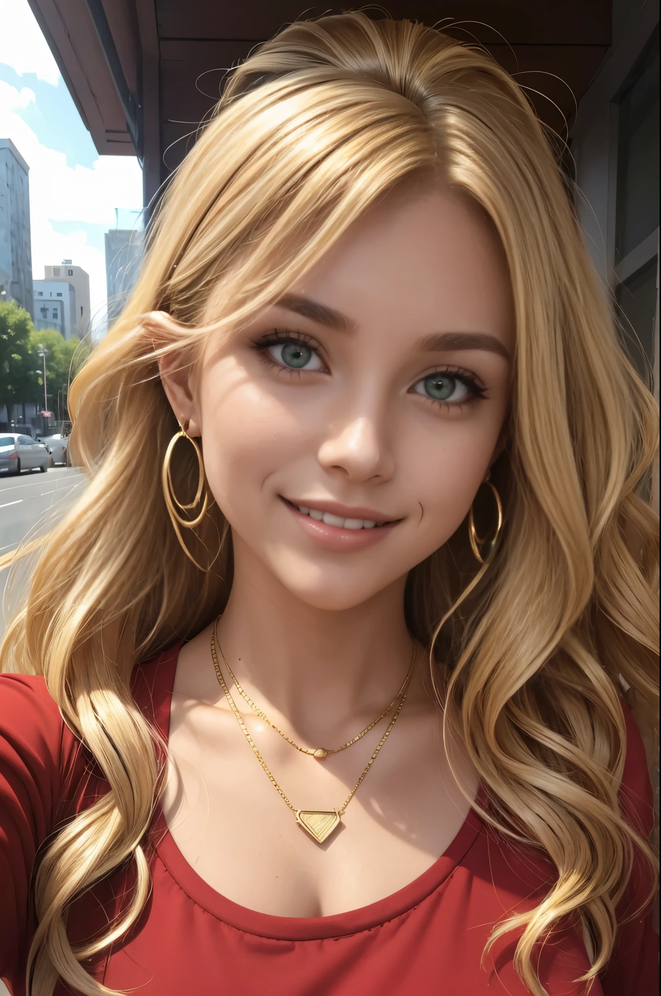 Caucasian woman, green eyes, lined eyes, blonde hair, hair with brown roots, wavy hair, long hair, red painted mouth, smile, gold earrings, necklace, athletic body, (rojo top texture), earrings, city, focus on face, selfie pose, frontal shot.