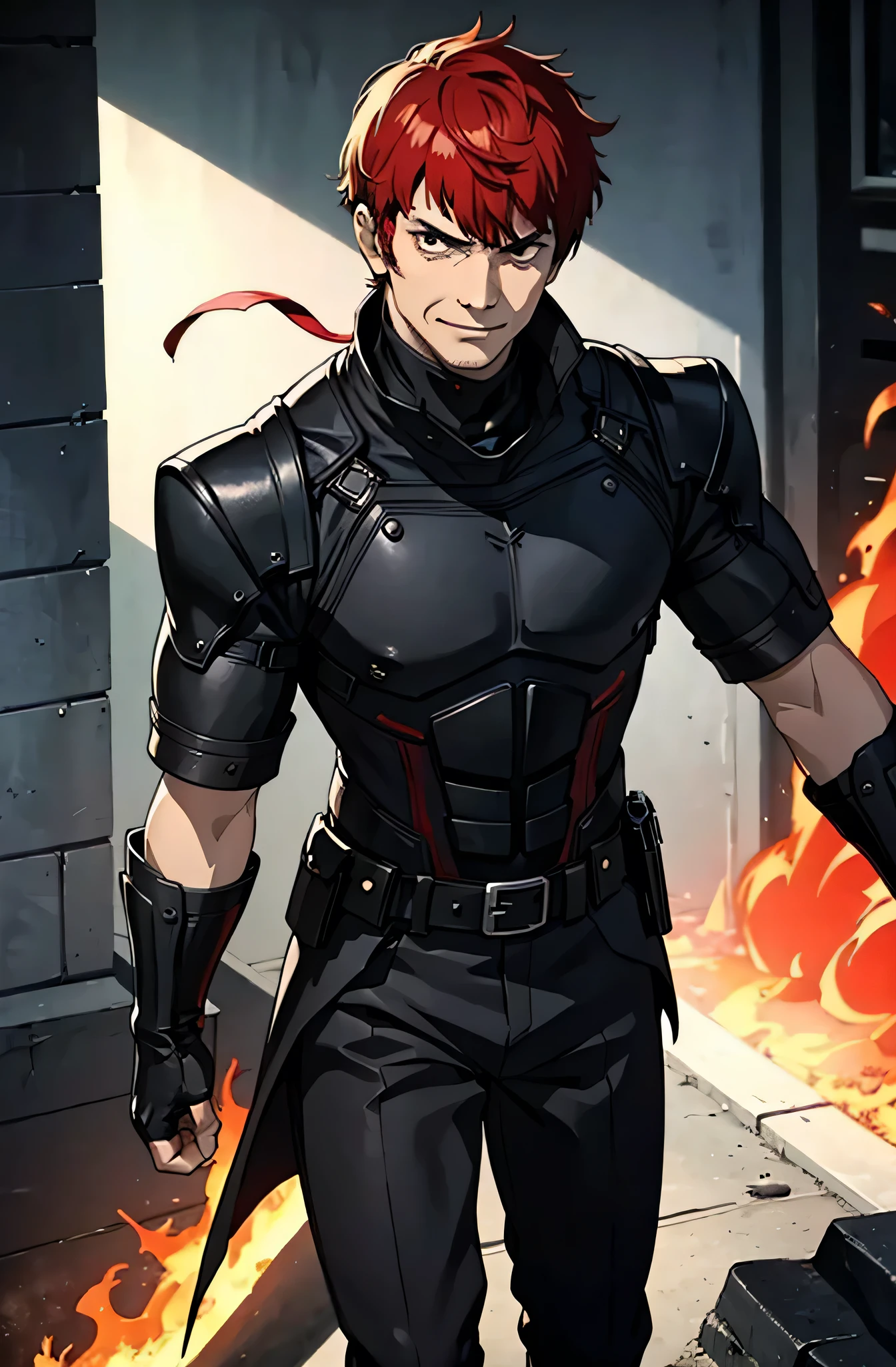 1 old man, red short hair, dark knight, portrait,  black eyes,furious,evil smile,80 years old,