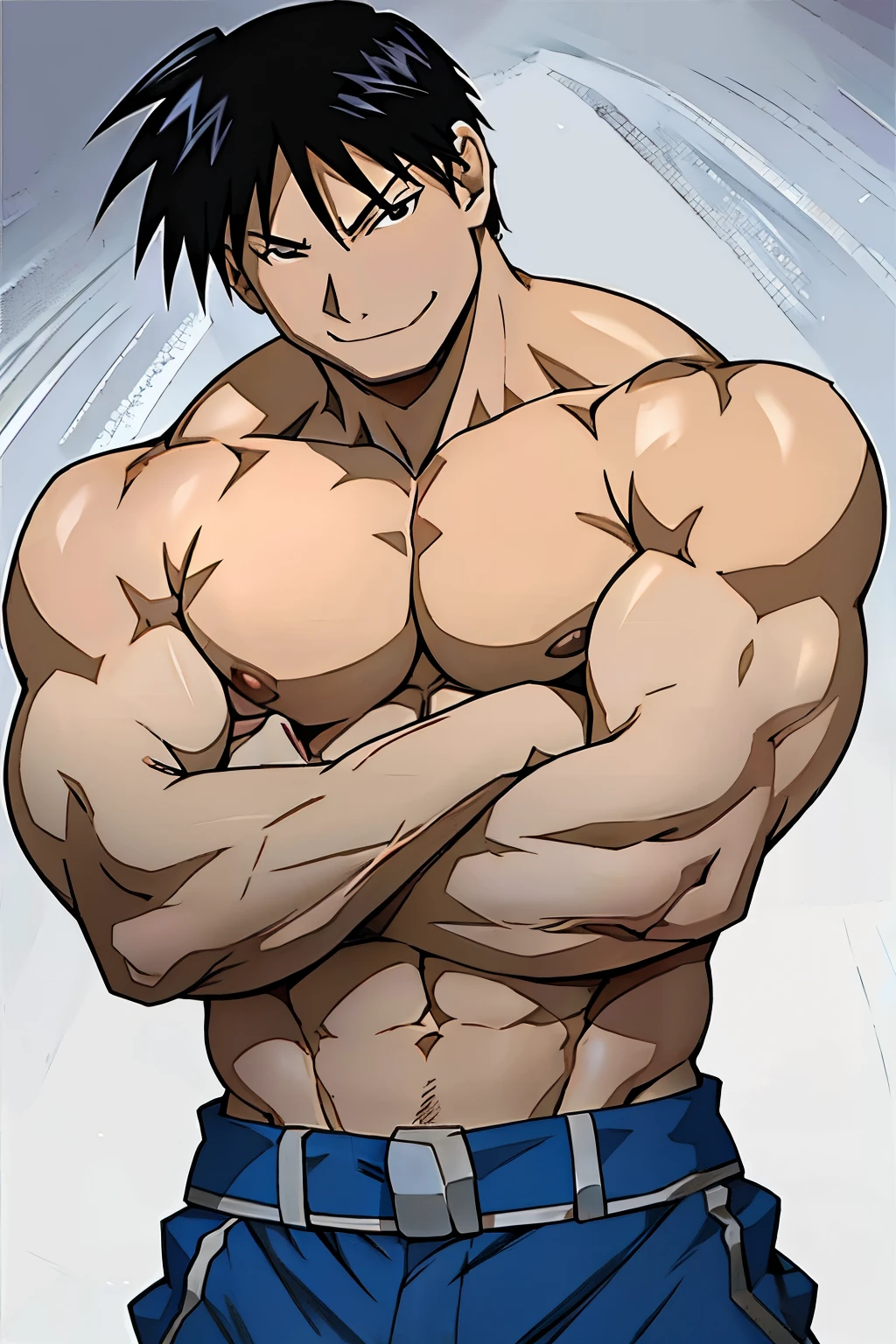 Roy Mustang from Full Metal Alchemist, shirtless, focused from below the chest, smug smile, posing like a bodybuilder