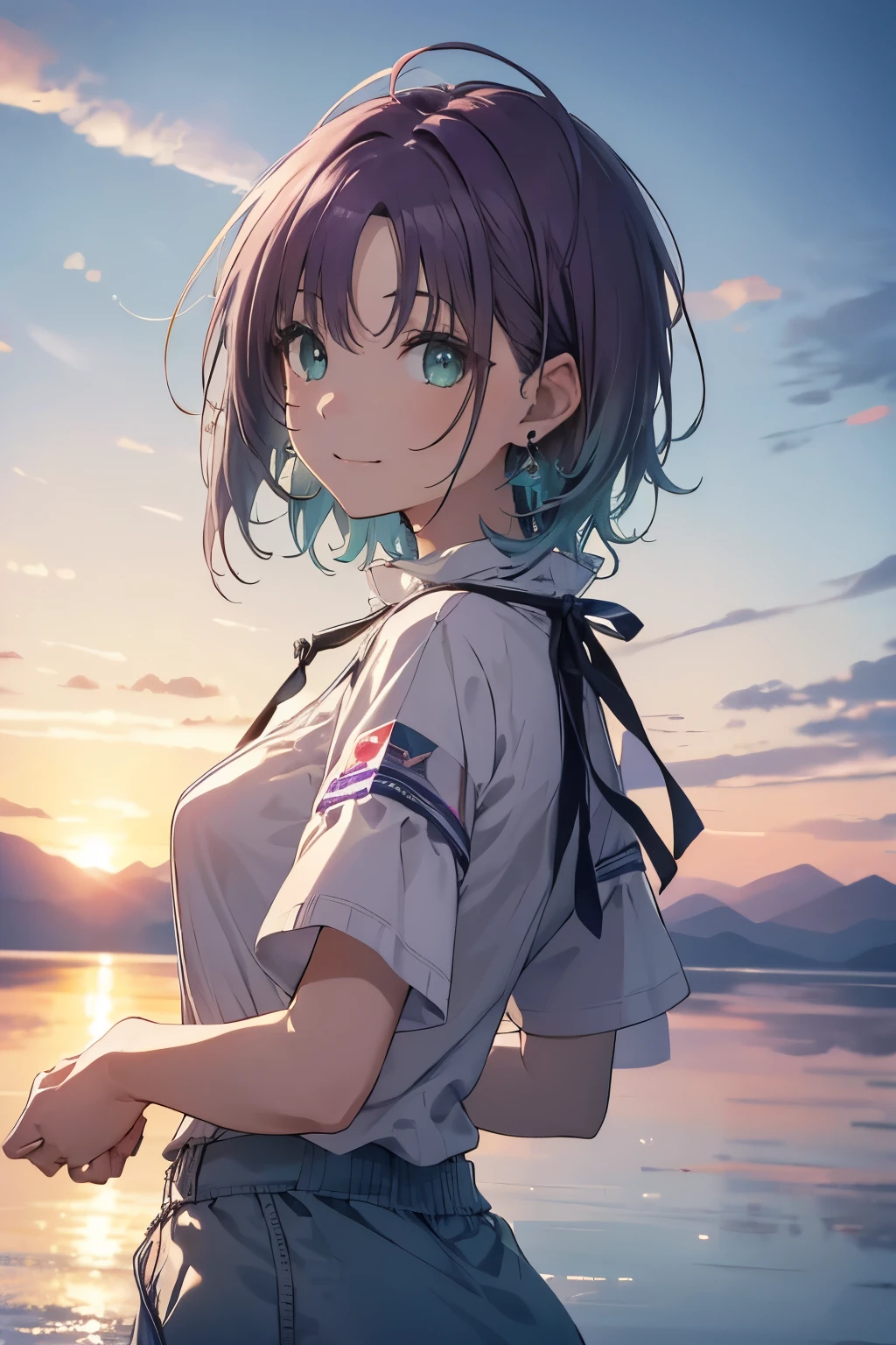 1girl in、NFSW, Face, (((Toru Asakura:1.37, Solo))), (((Close-up of face))), (Beautiful face, Cute face, Detailed face), (((Singingル))), (((Detailed beautiful green eyes))), BREAK, (((Sunny))), (((In Salar de Uyuni))),(((A mirrored world that is so vast that you can see it))), (((blue hairs、earrings、gradation hair、multi color hair、Parted bangs、Purple hair、short-cut、Pure white idol costume))), BREAK, extremely detailed CG unified 8k wallpaper, very fine 8KCG wallpaper, anime moe art style, Anime visuals of cute girls, anime style portrait, In an anime style, Beautiful anime, 8K Anime Art Style, In anime style、8K animation with detailed drawings, (masterpiece, Best Quality), High resolution, Ultra-detailed, ultra-sharp, Cinematic lighting、The upper part of the body、Extreme close-up view、HDR、UHD、8K、Glowing eyes, blue-sky、sparkling pupils,happy, sparkling pupils,happy,reaching out ,forward hands,floating hair, shiny hair,outdoors, wind,sparkling pupils,happy,sexy body,(Perfect Anatomy:1.2),((Perfect hands:1.2)),shoot from side、top-quality、Full limbs、complete fingers、、、Dancing、A big smile、from above、dutch angle、very wide shot、Reflecting the sky on the surface of the lake「Mirror in the Sky」A mysterious superb view called
