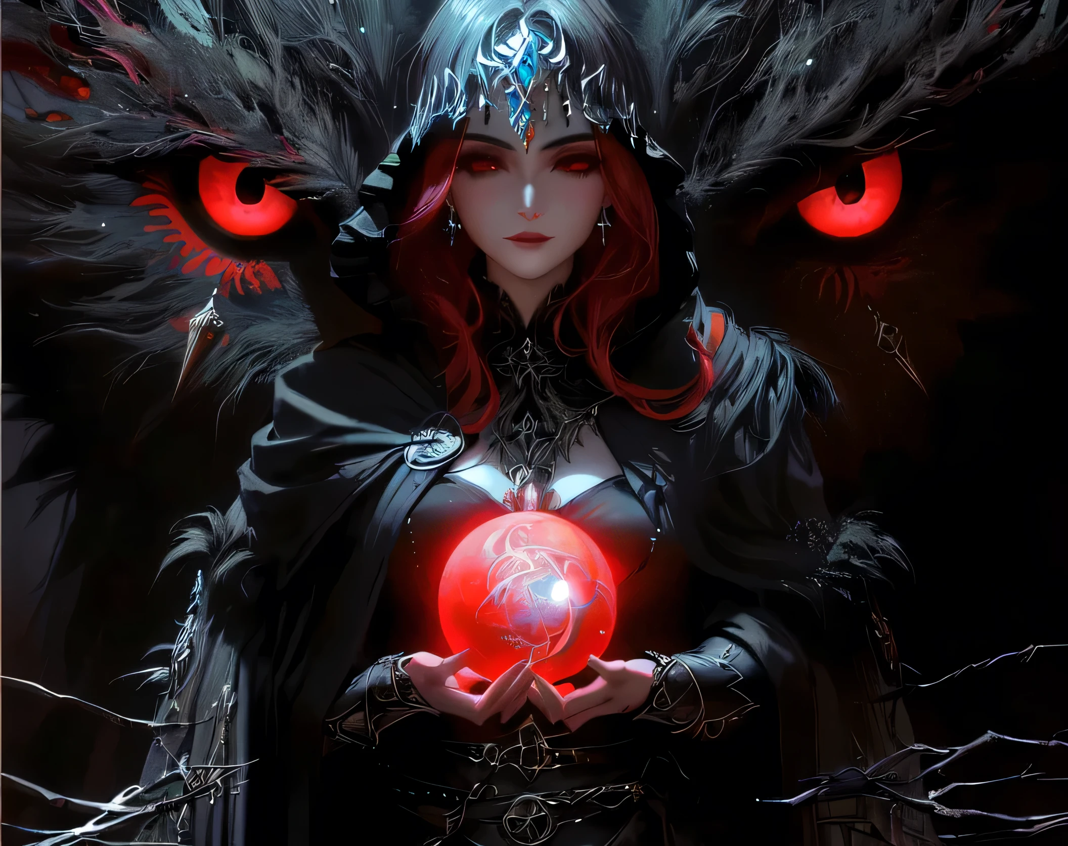 bruxa com olhos brancos segurando uma bola brilhante na frente de um lobo, in style of arte de fantasia sombria, arte de estilo fantasia sombria, dark fantasy female magician, maya ali as ad&d feiticeiro, digital fantasy art trends, arte escura de fantasia, arte de fantasia sombria, gothic fantasy art, estilo de arte de fantasia, esoteric dark fantasy, evil sorceress