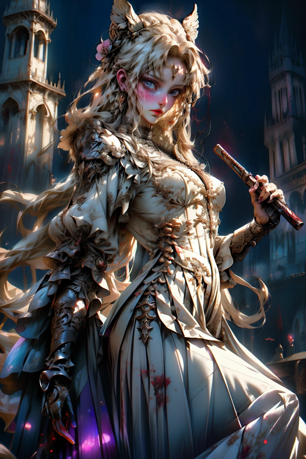 ((best quality)), ((masterpiece)), (detailed), plain background, white background, Bloodborne inspired,  occult aesthetic, occult, detailed and intricate steampunk and detailed gothic, NSFW, Very dramatic and cinematic lighting, cosmic horror, grim-dark, side-lighting, perfect face, a beaituful goddess valkyrie adorned and enshrined in armour, Bloodborne inspired valkyrie, occult aesthetic valkyrie, occult valkyrie, detailed and intricate steampunk and detailed gothic valkyrie, Fluttering lace flared long knee length dress with frilly petticoats, long dress, knee length dress, pleated petticoats, lolita dress, petticoats gothic lolita, side-lighting, gothic lolita aesthetic, beautiful small breasts, small breasts, full body, whole body, body