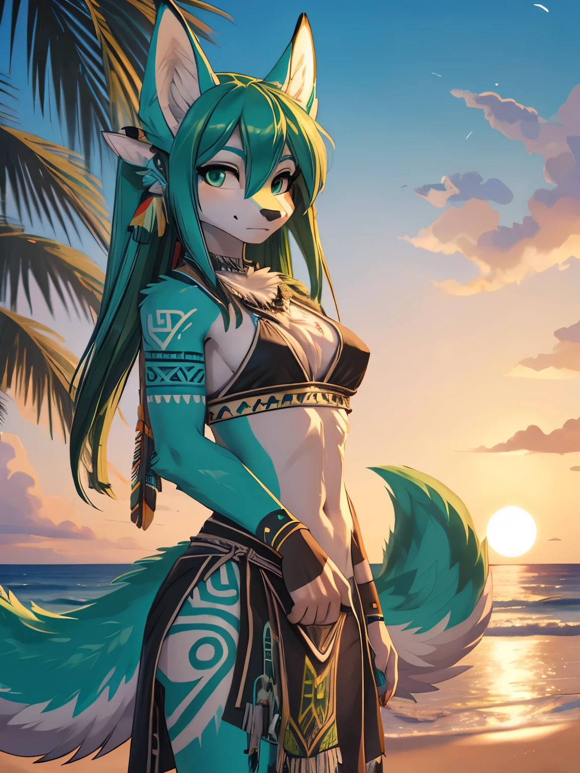 La mejor definicion 4K, ultra, Miku hatsune,(black&green hair),green&white body, furry, orejas de kitsune, tribal tatoo, tribal clothes, beach landscape, eclipse