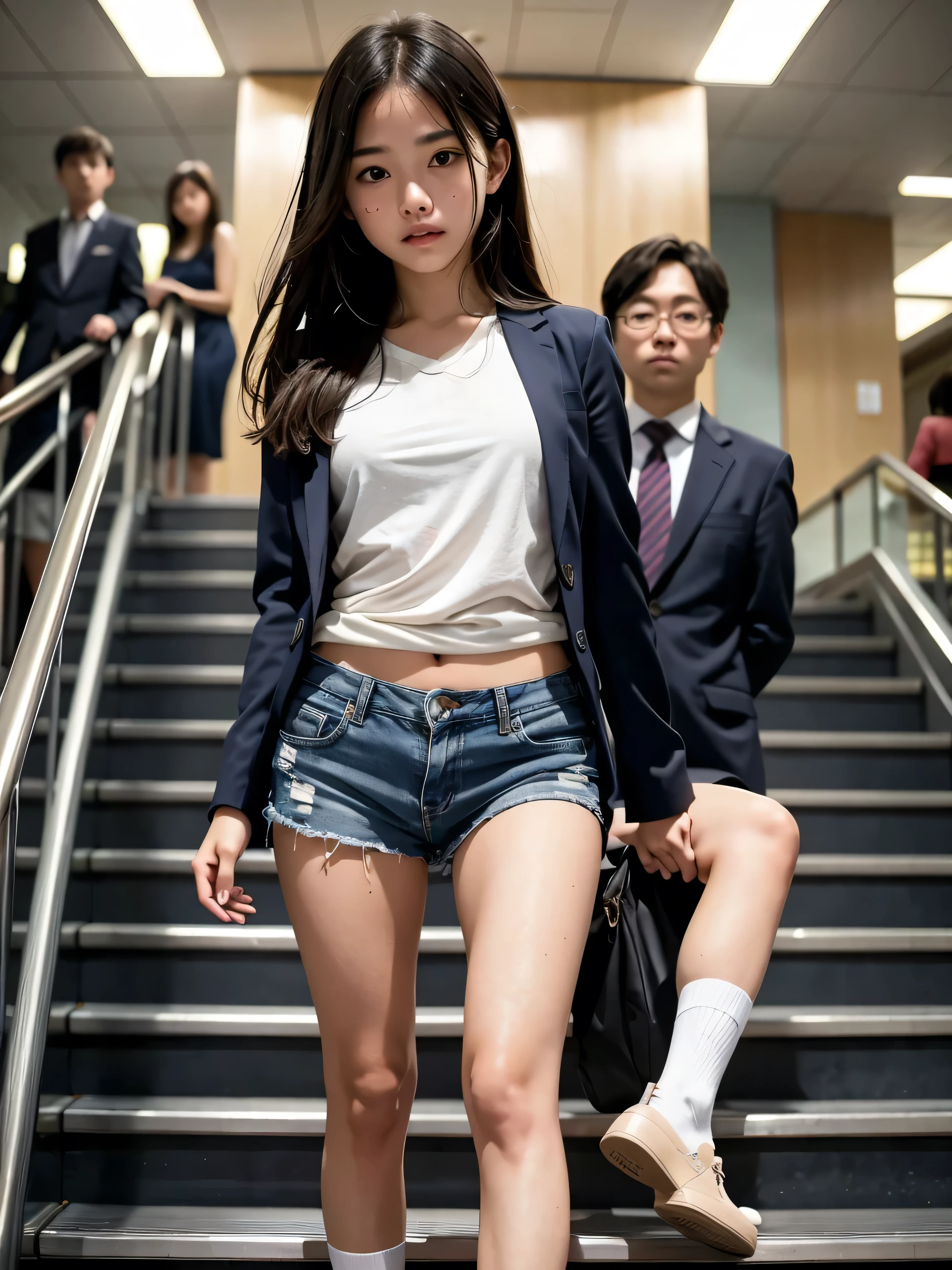 ((highest quality)), ((masterpiece)), (Familiar), 12 year old girl,A female junior high school student riding an escalator on her way to school、Glare、Navy Blazer、Shorts、Leather shoes、Very short socks、Photo secrets、(A true view from below)、White socks close-up、Manga panel layout、manga style、manga、Station Escalator、Frames showing only the face and the back,(From below:0.1),(Black satin string bikini is visible:0.8)