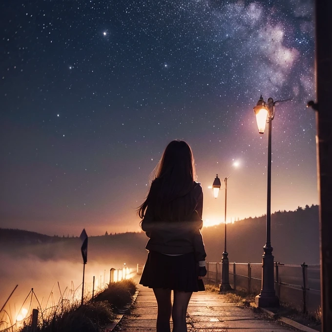 Noche oscura. Camino o calle cubierta de niebla. Luces de farola. Las luces de farola apenas iluminan a traves dr la niebla. En el medio del camino hay una chica con capucha roja.