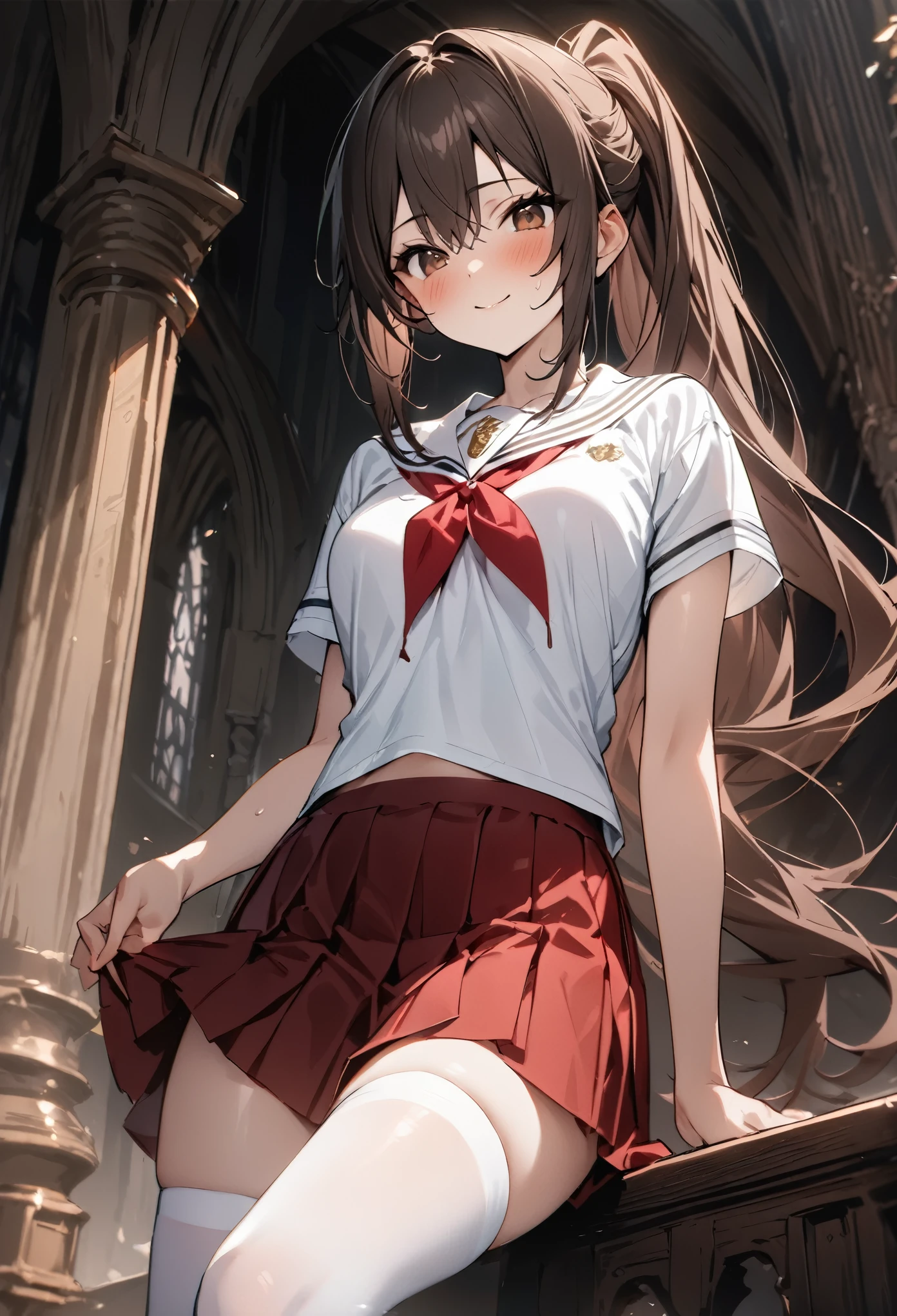 Fantasy art、A high school girl who uses magic、(((masterpiece, highest quality:1.5))),cowboy shot,20 year old beauty,solo,((very small head)),dark brown hair,ponytail hairstyle,long hair,bangs,brown eyes,blush,smile,medium breasts,(very long body),slender body,skinny,gleaming skin,oily skin,White sailor suit、Short sleeve、Red neckerchief、Pleated red mini skirt、white_thighhighs、Academy、Harry Potter World、