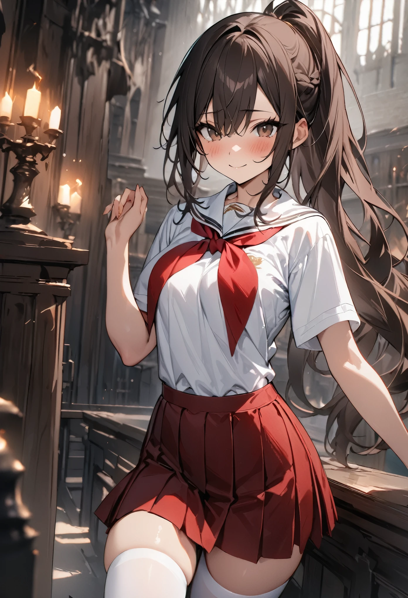 Fantasy art、A high school girl who uses magic、(((masterpiece, highest quality:1.5))),cowboy shot,20 year old beauty,solo,((very small head)),dark brown hair,ponytail hairstyle,long hair,bangs,brown eyes,blush,smile,medium breasts,(very long body),slender body,skinny,gleaming skin,oily skin,White sailor suit、Short sleeve、Red neckerchief、Pleated red mini skirt、white_thighhighs、Academy、Harry Potter World、