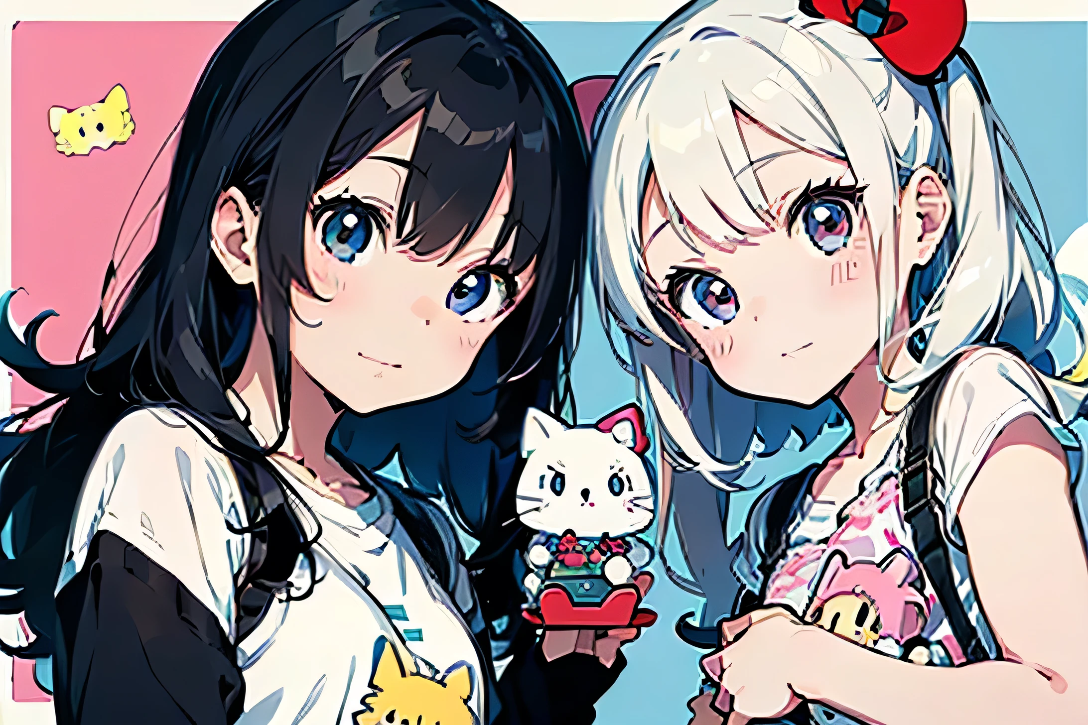 Make a Sanrio poster with a in the middle surrounded by Sanrio dolls. The little girl a Sanrio phone case. The little girl is America