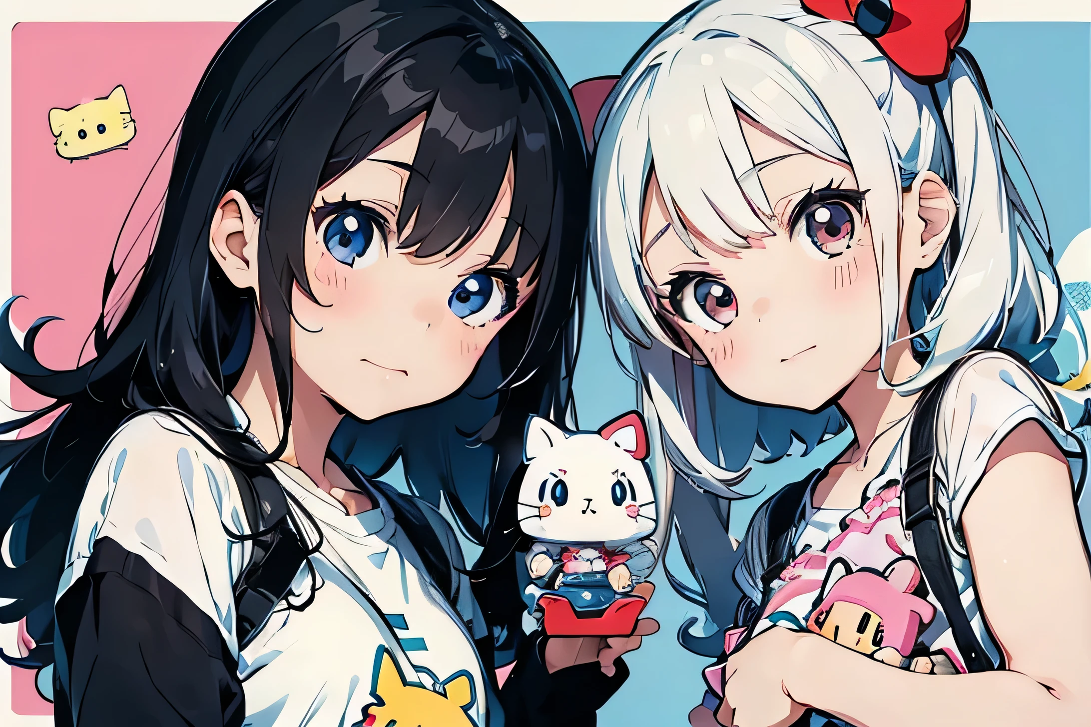 Make a Sanrio poster with a little girl in the middle surrounded by Sanrio dolls. The little girl is holding a Sanrio phone case. The little girl is American.