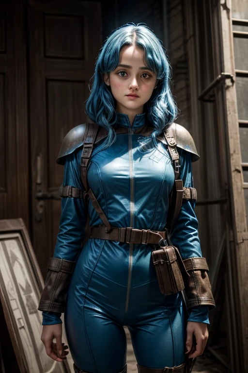 Ella Purnell, The Ghoul Blue Lucy Vault Cosplay, Lucy character from the fallout series, (Ella Purnell cabelo com rabo de cavalo franja cortina) uma jovem soldado seios nus, in blue costumes from the Brotherhood of Steel paramilitary faction; The Ghoul Blue Lucy Vault Cosplay