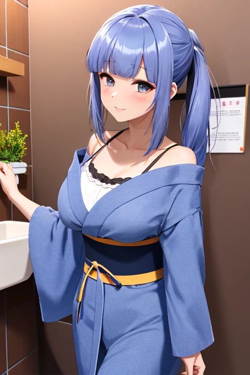 ((masterpiece, best quality, high resolution, UHD, pixel perfect, depth of field, 32k)), 1 girl, cowboy shot, BREAK, , cabello azul, cabello largo, ojos detallados,pechos grandes, tetas, texturas detalladas, renderizado de manera realista, estilo anime, open kimono, escote revelador, exuda confianza, sensual expression, BREAK, in a japanese public bathroom.