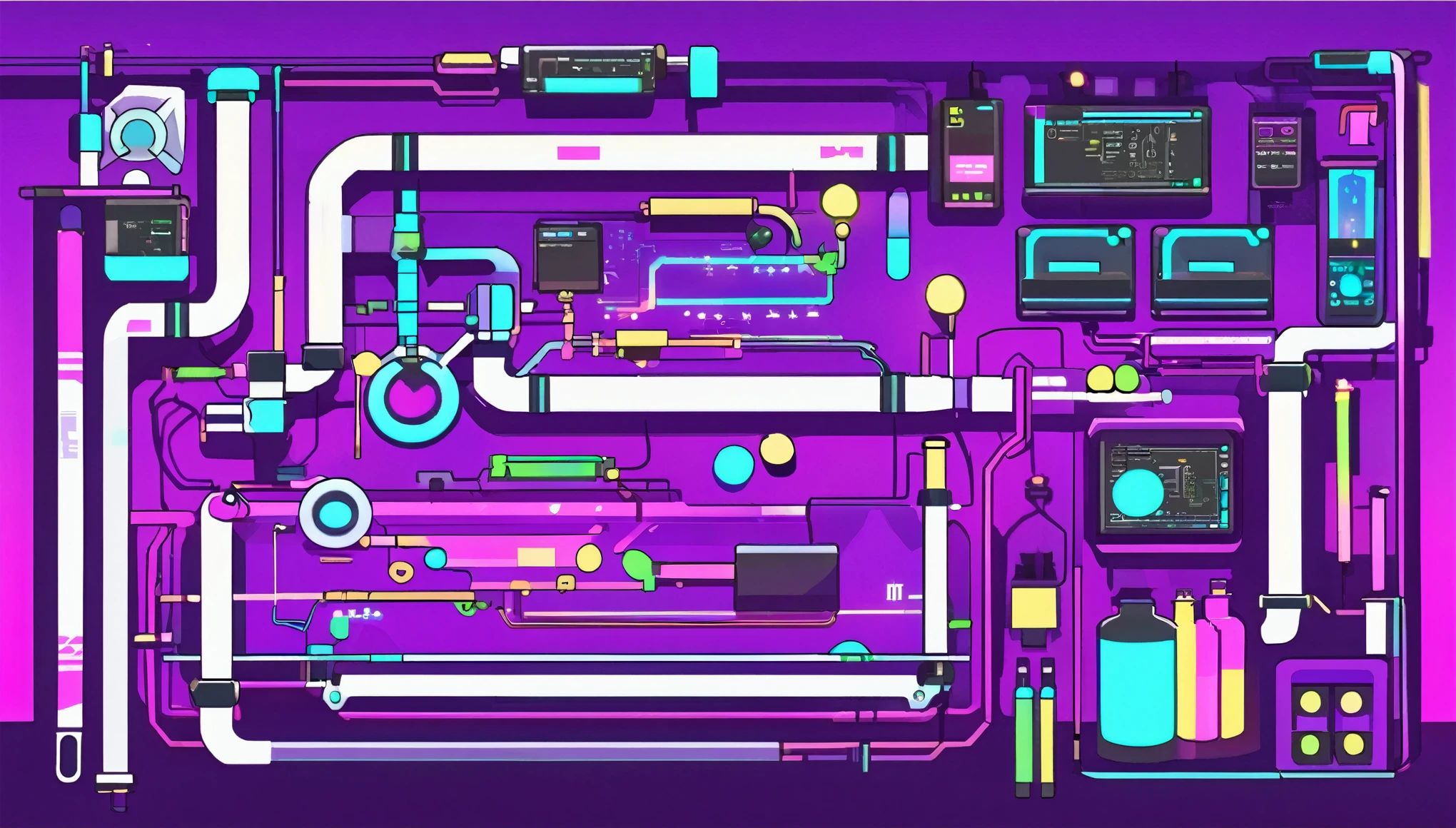 A purple cyber background picture;Cyber polka dot style;Pop Style。There are no characters in the picture;A circuit,pipeline,Light Tube,Lab elements,Background composed of fashion elements;Flat style。Edge line glow。
