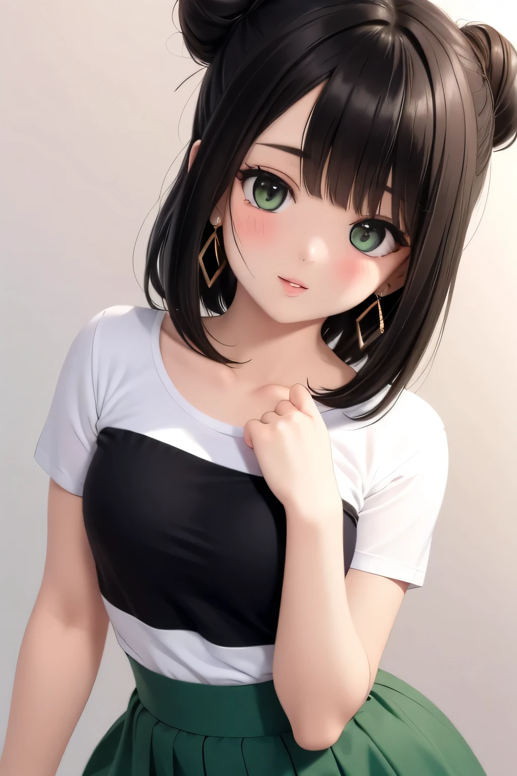 Amazing portrait of a sexy and woman with a beautiful face with seductive eyes gazing intensely at me with her soft lips parted in anticipation of a kiss which is making her blush intensely her lips are also curved in a soft smile she has her luscious black hair in a cute bun wearing a black and white striped t shirt and a dark green skirt paired with some elegant earrings her t shirt showing her medium chest and perfect body off