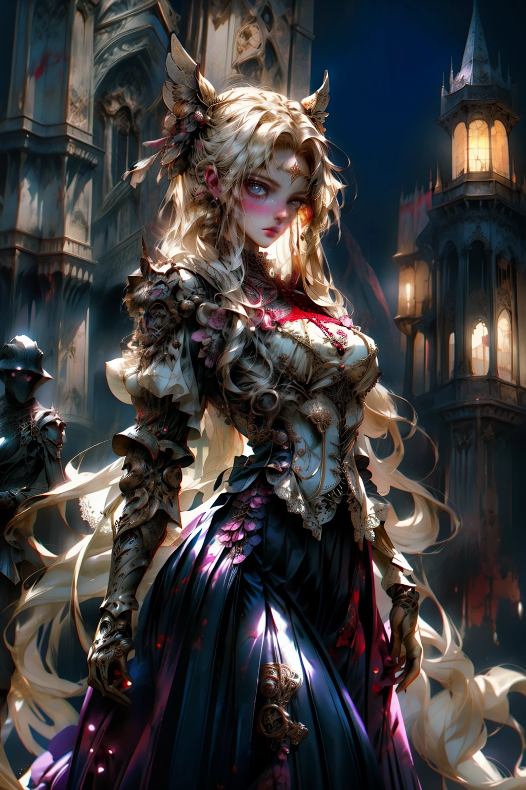 ((best quality)), ((masterpiece)), (detailed), plain background, white background, Bloodborne inspired, occult aesthetic, occult, detailed and intricate steampunk and detailed gothic, NSFW, Very dramatic and cinematic lighting, cosmic horror, grim-dark, side-lighting, perfect face, a beaituful goddess valkyrie adorned and enshrined in armour, Bloodborne inspired valkyrie, occult aesthetic valkyrie, occult valkyrie, detailed and intricate steampunk and detailed gothic valkyrie, Fluttering lace flared long knee length dress with frilly petticoats, long dress, knee length dress, pleated petticoats, lolita dress, petticoats gothic lolita, side-lighting, gothic lolita aesthetic, beautiful small breasts, small breasts, full body, whole body, body