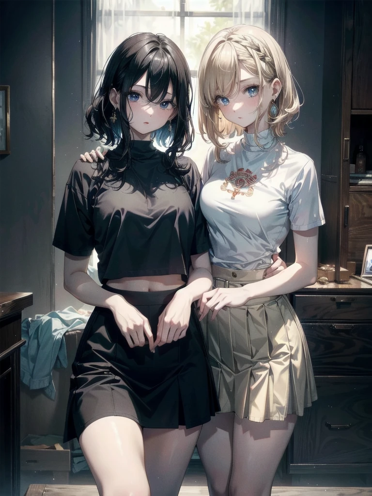 yuri, (2 girls), absurdres, RAW photo, extremely delicate and beautiful, masterpiece, Best Quality, ultra high resolution, 32k, hyperrealistic, ultra-detailed, detailed description, perfect anatomy, pale skin, 20 years old, detailed beautiful face and eyes, tearful mole, earring, short medium hair, wavy hair, whole body shot, big tits, tight skirt, cropped T-shirt, 