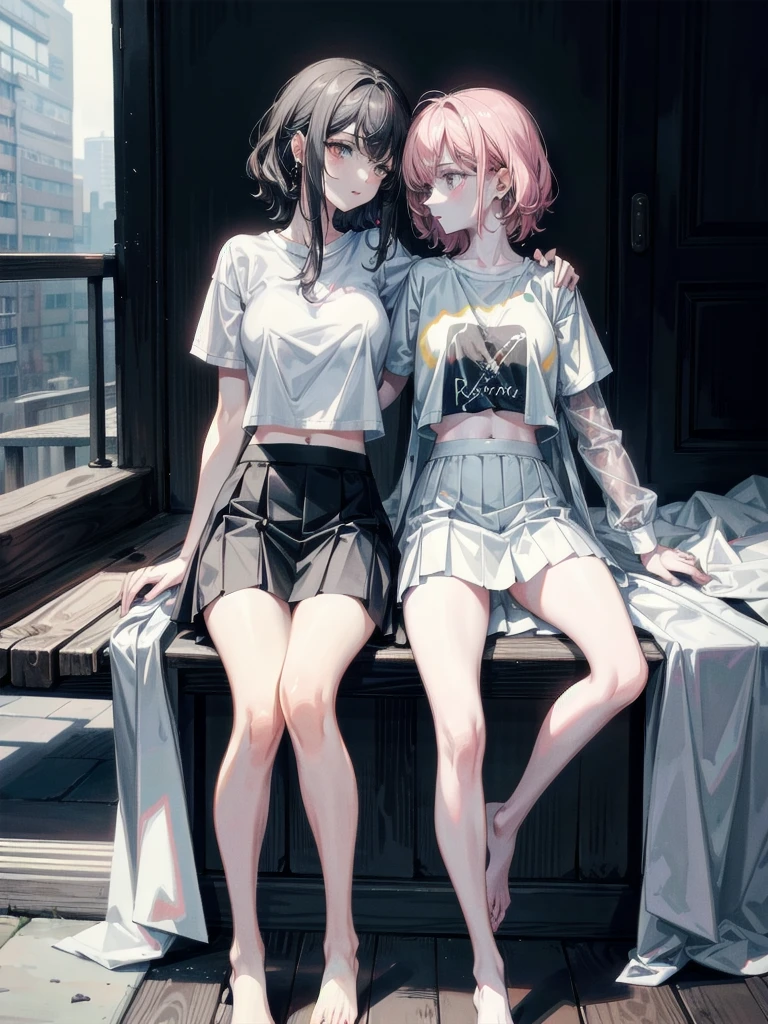 yuri, (2 girls), absurdres, RAW photo, extremely delicate and beautiful, masterpiece, Best Quality, ultra high resolution, 32k, hyperrealistic, ultra-detailed, detailed description, perfect anatomy, pale skin, 20 years old, detailed beautiful face and eyes, tearful mole, earring, short medium hair, wavy hair, whole body shot, big tits, tight skirt, cropped T-shirt,