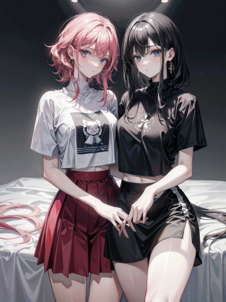 yuri, (2 girls), absurdres, RAW photo, extremely delicate and beautiful, masterpiece, Best Quality, ultra high resolution, 32k, hyperrealistic, ultra-detailed, detailed description, perfect anatomy, pale skin, 20 years old, detailed beautiful face and eyes, tearful mole, earring, short medium hair, wavy hair, whole body shot, , tight skirt, cropped T-shirt,
