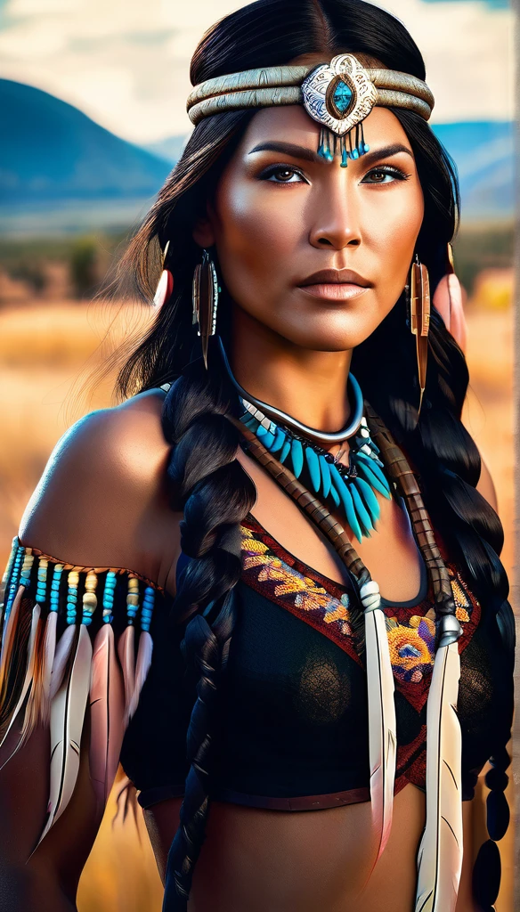 portrait photograph of Marie Avgeroupolus  as Pocahontas, young beautiful native american woman, perfect symmetrical face, indigenes feather jewelry, traditional handmade dress, armed female hunter warrior, (((wild west))) environment, Utah landscape, ultra realistic, concept art, elegant, ((intricate)), ((highly detailed)), depth of field, ((professionally color graded)), soft ambient lighting, dusk, 8k, art by artgerm and greg rutkowski and alphonse mucha
