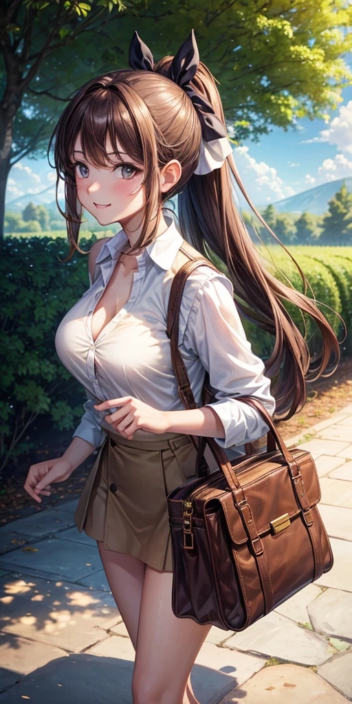 1girl, full body, solo, summer, village, trees, sun, clouds, ((brown hair)), ponytail, large breasts, ((brown vest)), button down shirt, ((white shirt)), ((short sleeved shirt)), ((unbuttoned shirt)), unbuttoning buttons, cleavage 1:3, brown eyes, skirt, smile, looking at the viewer, standing, hair ribbon, golden necklate, shoulder bag