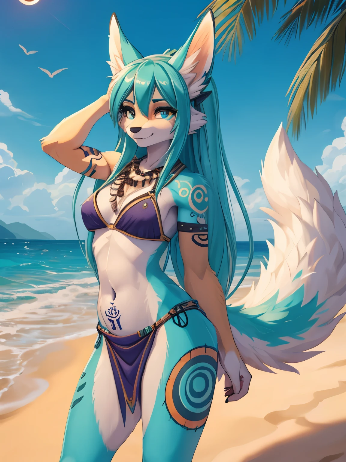 Miku hatsune,aqua&white body, furry, orejas de kitsune, tribal tatoo, tribal clothes, beach landscape, eclipse, sensual pose, hincada en la playa, cara sonrojada, feliz, piernas abiertas