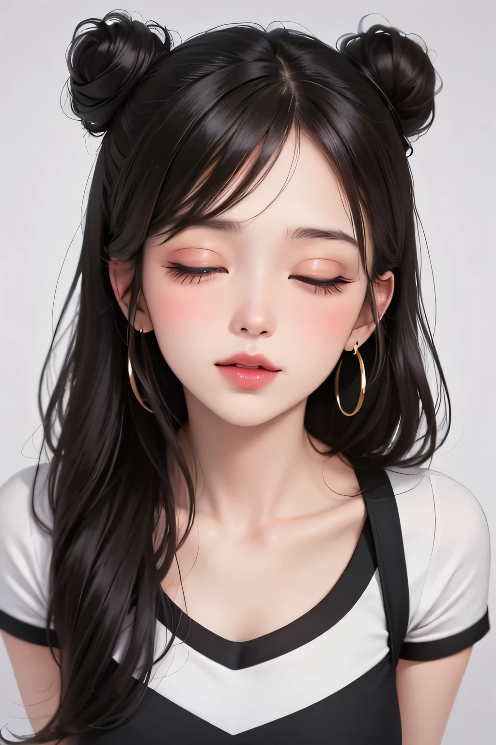 Amazing portrait of a sexy and  woman with a beautiful face with seductive eyes gazing intensely at me with her soft lips parted in anticipation of a kiss which is making her blush intensely her lips are also curved in a soft smile she has her luscious black hair in a cute bun wearing a black and white striped t shirt and a dark green skirt paired with some elegant earrings her t shirt showing her medium chest and perfect body off 