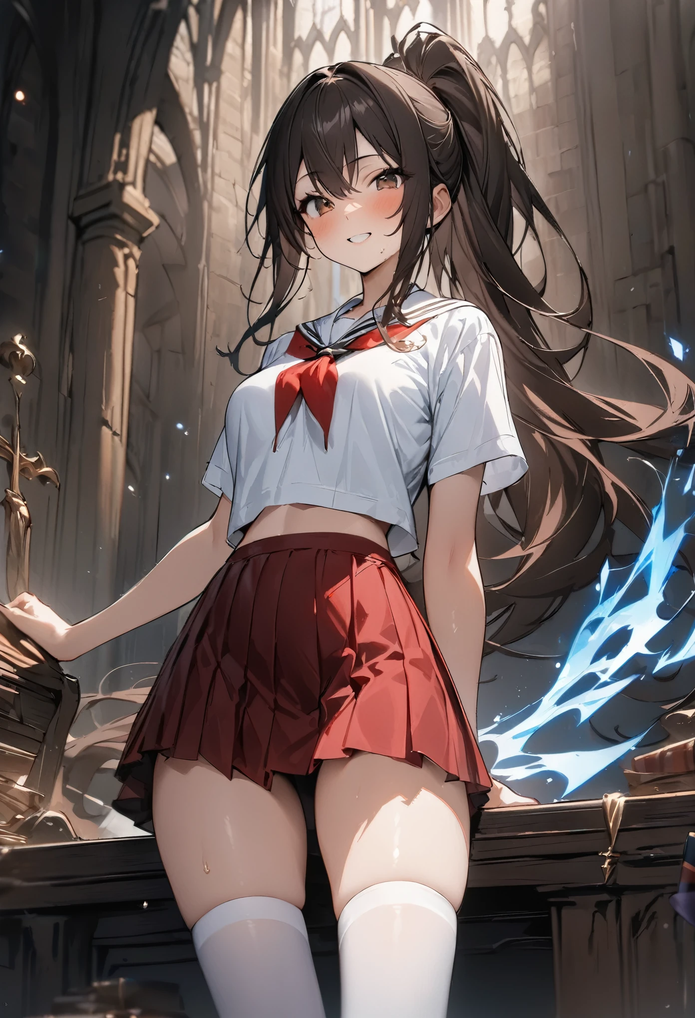 Fantasy art、A high school girl who uses magic、(((masterpiece, highest quality:1.5))),cowboy shot,20 year old beauty,solo,((very small head)),dark brown hair,ponytail hairstyle,long hair,bangs,brown eyes,blush,smile,medium breasts,(very long body),slender body,skinny,gleaming skin,oily skin,White sailor suit、Short sleeve、Red neckerchief、Pleated red mini skirt、white_thighhighs、Academy、Harry Potter World、