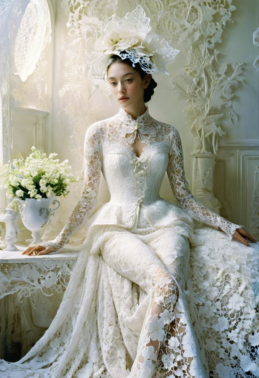 White Lace, by Tim Walker, best quality, masterpiece, very aesthetic, perfect composition, intricate details, ultra-detailed