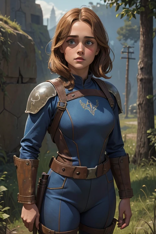 Ella Purnell, personagem, Lucy character from the fallout series, (Ella Purnell cabelo com rabo de cavalo franja cortina) uma jovem soldado seios nus, in blue costumes from the Brotherhood of Steel paramilitary faction ; e The Ghoul (Walton Goggins),