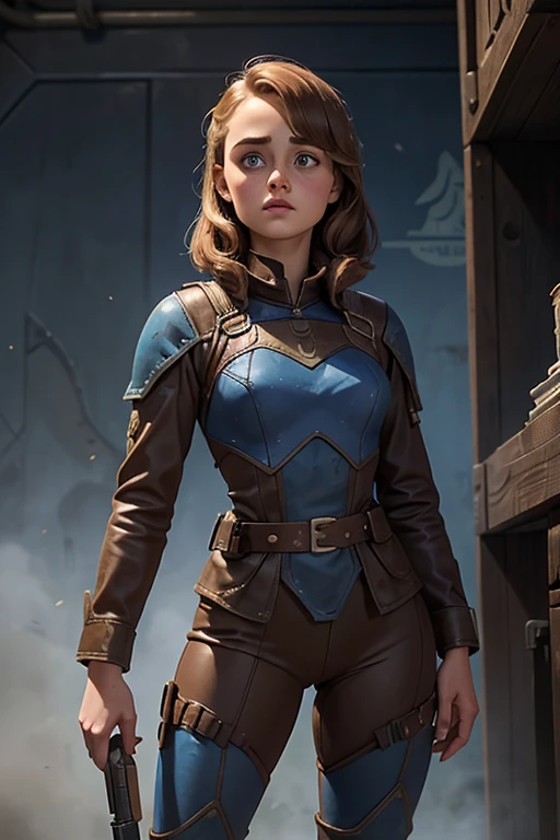 Ella Purnell, personagem, Lucy character from the fallout series, (Ella Purnell cabelo com rabo de cavalo franja cortina) uma jovem soldado seios nus, in blue costumes from the Brotherhood of Steel paramilitary faction ; e The Ghoul (Walton Goggins),