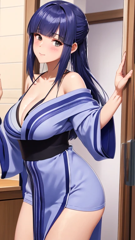 ((masterpiece, best quality, high resolution, UHD, pixel perfect, depth of field, 32k)), 1 girl, cowboy shot, BREAK, , cabello azul, cabello largo, ojos detallados,pechos grandes, tetas, texturas detalladas, renderizado de manera realista, estilo anime, piel brillante, peil mojada, agua escurriendo por todo el cuerpo, open kimono, escote revelador, exuda confianza, sensual expression, BREAK, in a japanese public bathroom, saliendo del agua caliente, mandando un beso soplado al espectador.