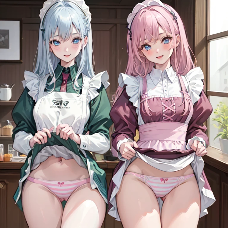 highest quality, masterpiece, ((2 girls:1.5)), ((smile:1.3)), (blush:1.3), Black Shirt, blouse, ((fun!!)), (Small breasts), Blonde, (Long sleeve), ((White apron:1.5)), ((Maid)), ((hair ornaments)), Kamimei, look at me, ((in house:1.5)), Taking a break from watching the audience, Cowboy Shot, (Skirt lift:1.3), (Highly detailed pink striped panties:1.3), (Highly detailed panties:1.3), (スカート that rolls up:1.3), (Panties fully exposed:1.5), Light blue eyes, long hair, Glowing Eyes
