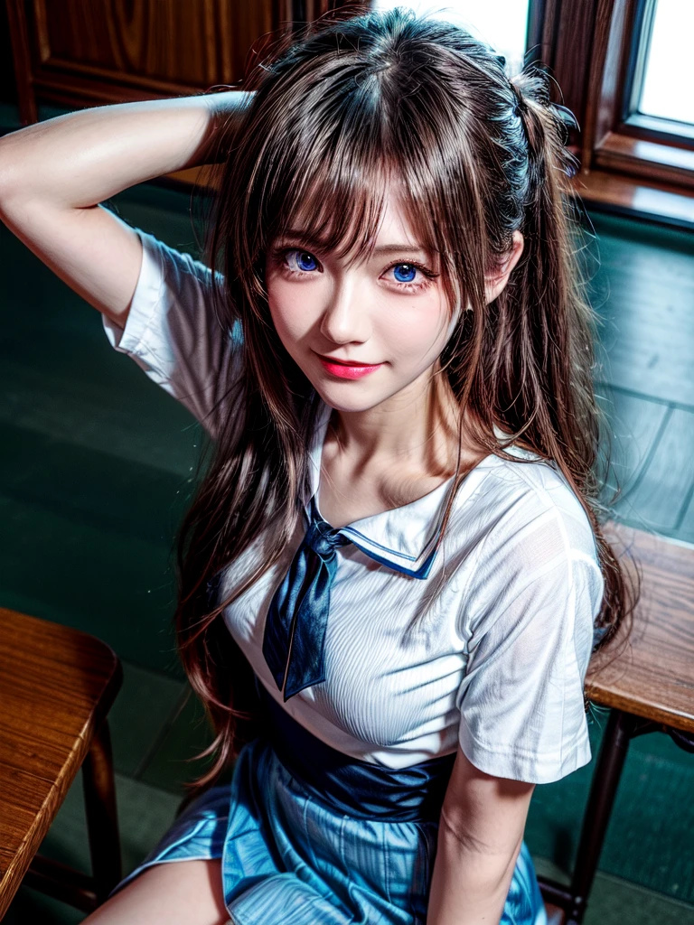 （8k, highest quality, Pieces fly:1.2)、Ultra-high resolution、anime,1 very pretty girl,Asuka Langley,Highly detailed face, Fine grain,blue eyes,,White sailor collar plain short sleeve shirt,Light blue skirt,Light Blue Suspenders,uniform_Red ribbon,Orange Hair,Long Hair、Detailed hand and fingers,put your hands in your hair,Grin、sitting on desk,Shooting from above,classroom