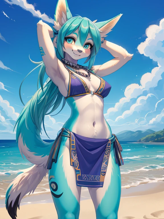 Miku hatsune,aqua&white body, furry, orejas de kitsune, tribal tatoo, tribal clothes, beach landscape, eclipse, hincada en la playa, (( vista cuerpo completo)cara sonrojada, feliz, piernas abiertas