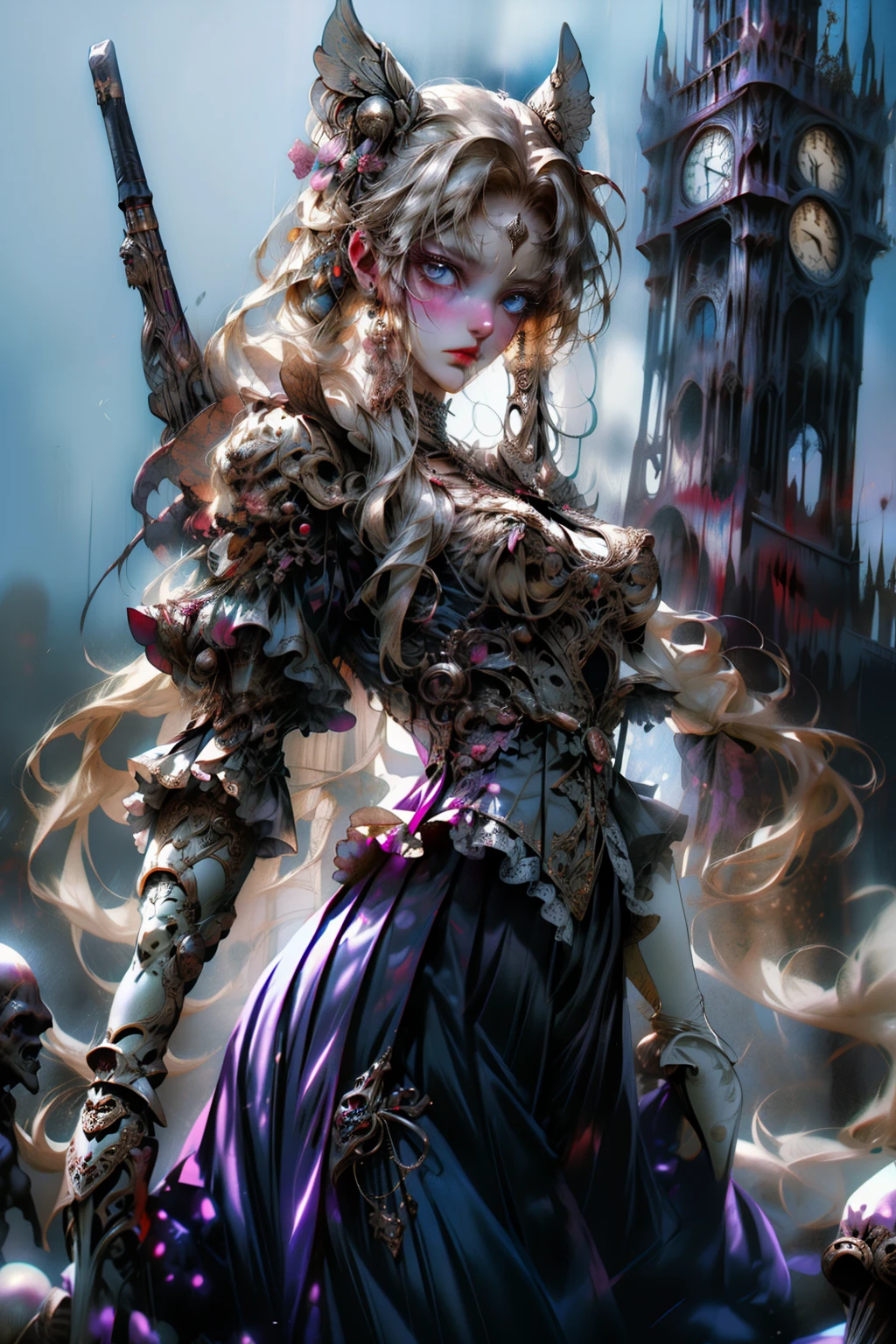 ((best quality)), ((masterpiece)), (detailed), plain background, white background, Bloodborne inspired, occult aesthetic, occult, detailed and intricate steampunk and detailed gothic, NSFW, Very dramatic and cinematic lighting, cosmic horror, grim-dark, side-lighting, perfect face, a beaituful goddess valkyrie adorned and enshrined in armour, Bloodborne inspired valkyrie, occult aesthetic valkyrie, occult valkyrie, detailed and intricate steampunk and detailed gothic valkyrie, Fluttering lace flared long knee length dress with frilly petticoats, long dress, knee length dress, pleated petticoats, dress, petticoats gothic lolita-lighting, gothic lolita aesthbeautiful small breasts, small breull body, wholebody