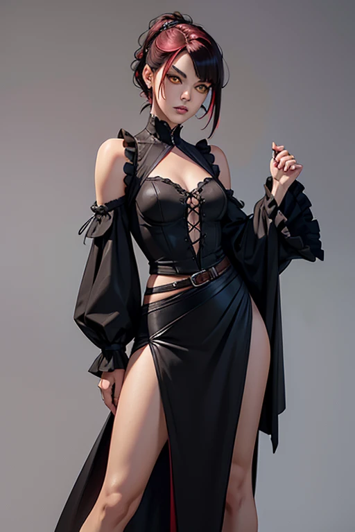 detailed and colorful sketch, realistic contour style, full body drawing, Eliza from Tekken, yellow iris eyes like a snake's, short black gothic style hair with long bangs down to her shoulders, wine red highlights at the ends, bangs on her forehead and short haircut at the back exposing the nape of her neck, soft braid near her ear, small black rose adorning her hair, wearing a black blouse and black skirt