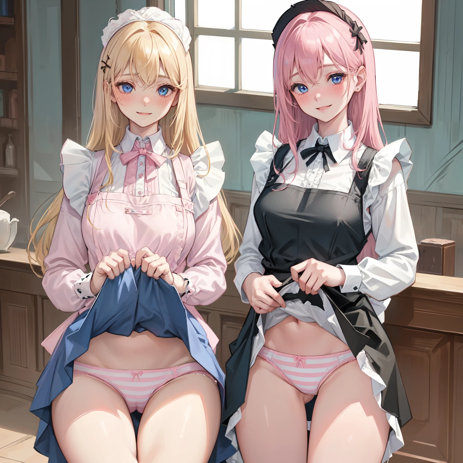 highest quality, masterpiece, ((2 girls:1.5)), ((smile:1.3)), (blush:1.3), Black Shirt, blouse, ((fun!!)), (Small breasts), Blonde, (Long sleeve), ((White apron:1.5)), ((Maid)), ((hair ornaments)), Kamimei, look at me, ((in house:1.5)), Taking a break from watching the audience, Cowboy Shot, (Skirt lift:1.3), (Highly detailed pink striped panties:1.3), (Highly detailed panties:1.3), (スカート that rolls up:1.3), (Panties fully exposed:1.5), Light blue eyes, long hair, Glowing Eyes