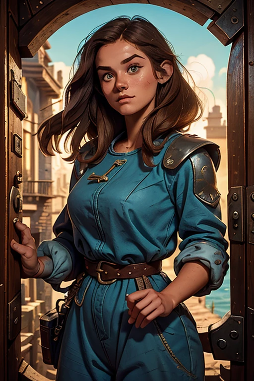 Ella Purnell, personagem, Lucy character from the fallout series, (Ella Purnell cabelo com rabo de cavalo franja cortina) uma jovem soldado seios nus, in blue costumes from the Brotherhood of Steel paramilitary faction ; e The Ghoul (Walton Goggins),