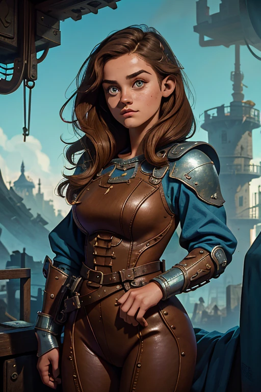 Ella Purnell, personagem, Lucy character from the fallout series, (Ella Purnell cabelo com rabo de cavalo franja cortina) uma jovem soldado seios nus, in blue costumes from the Brotherhood of Steel paramilitary faction ; e The Ghoul (Walton Goggins),