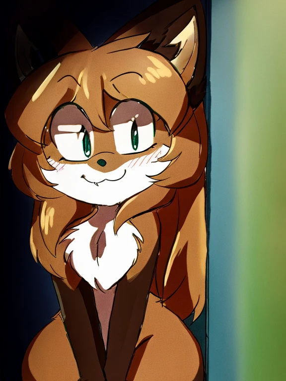 uploaded the e621, beautiful and detailed, woman (((female))) ((anthro)) Fox, (Averi, Fox girl), cinematic lighting, Fox, (anthro, fluffy fur), 1girl, anthro fox girl, body fur, curvy, sexy, nice, cute, hot, comfortable anime-style cartoon-style, digital drawing, SFW, flat chest, nervous smiling, green eyes, looking at viewer, peeking behind a corner, peeking, wall