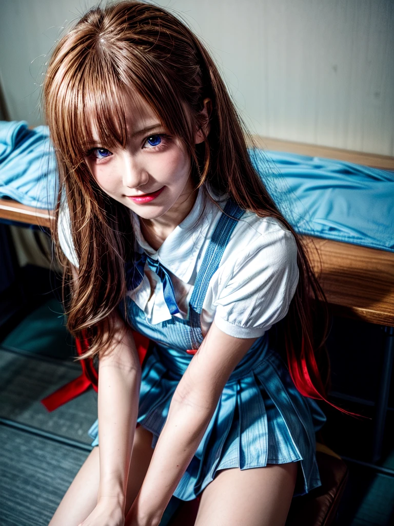 （8k, highest quality, Pieces fly:1.2)、Ultra-high resolution、anime,1 very pretty girl,Asuka Langley,Highly detailed face, Fine grain,blue eyes,,White sailor collar plain short sleeve shirt,Light blue skirt,Light Blue Suspenders,uniform_Red ribbon,Orange Hair,Long Hair、Detailed hand and fingers,put your hands in your hair,Grin、sitting on desk,Shooting from above,classroom