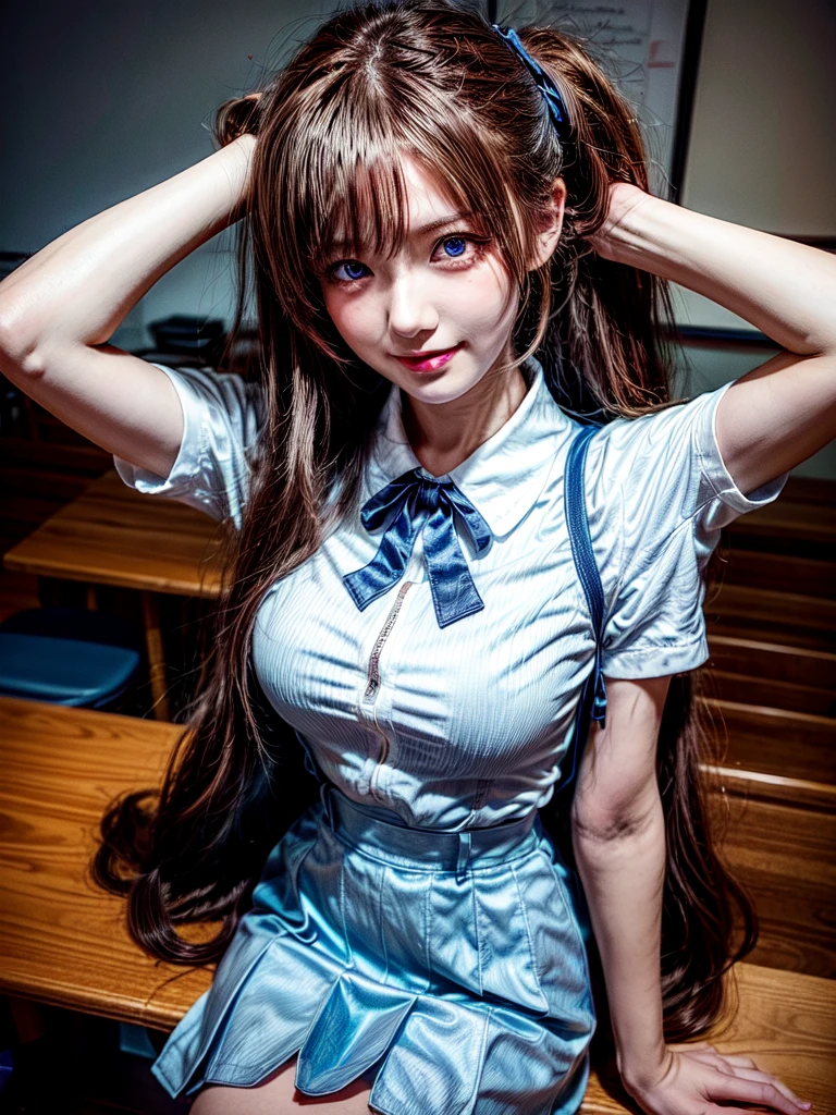 （8k, highest quality, Pieces fly:1.2)、Ultra-high resolution、anime,1 very pretty girl,Asuka Langley,Highly detailed face, Fine grain,blue eyes,,White sailor collar plain short sleeve shirt,Light blue skirt,Light Blue Suspenders,uniform_Red ribbon,Orange Hair,Long Hair、Detailed hand and fingers,put your hands in your hair,Grin、sitting on desk,Shooting from above,classroom