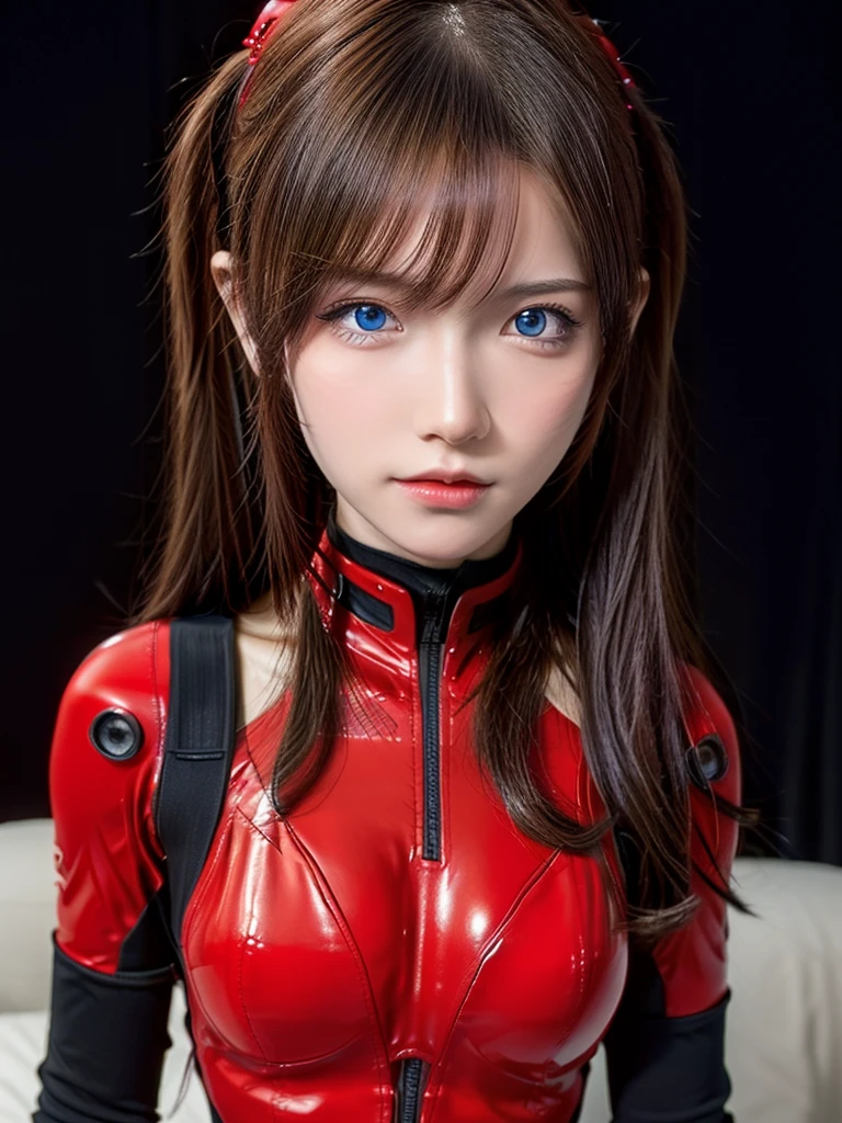 ((Best quality)), ((Masterpiece)), (Details: 1.4), 3D, Asuka Langley Soryu, Asuka, high resolution (high dynamic range), ray tracing, NVIDIA, super resolution, Unreal 5, subsurface scattering ,PBR texturing, post-processing, anisotropic filtering, depth of field, maximum sharpness and sharpness, multi-layered textures, albedo and specular maps, surface shading, accurate simulation of light and matter interaction, perfect proportions ,Octane Rendering,Two-Tone Lighting,Wide Aperture,Low ISO,White Balance,Rule of Thirds,8K RAW,(Masterpiece: 1.4, Best Quality), (Intricate Details), Unity8k Wallpaper, Highly Detailed, Beautiful and Mysterious, Details background, realistic, alone, perfectly detailed face, detailed blue eyes, highly detailed, blush, hair ornament, chignon mahogany hair, (blonde), plug suit 02, Shikinami Asuka Langley, Evangelion, Slender 15-year-old girl, full body suit, black background, above the waist,composition that shows the whole body,